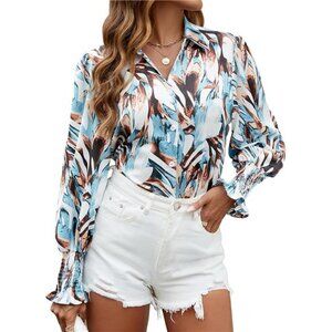 Women's Boho Blouses – Chiffon Button-Down, Long Sleeve, V-Neck